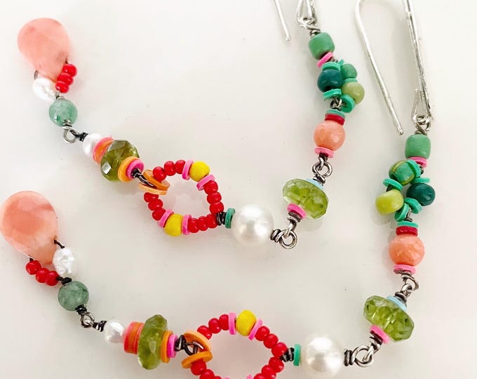 Handmade Sterling Silver Beaded Earrings with Pearls, Long Dangle Boho Jewelry