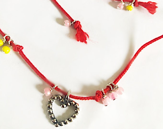 Heart Necklace, Red Cord Necklace, Adjustable Cord Necklace, Sterling Silver Heart Necklace, Valentine Gift for Her, Small Heart on Cord
