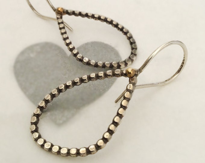 Handcrafted Sterling Silver Hoop Earrings with 14k Yellow Gold Pebble