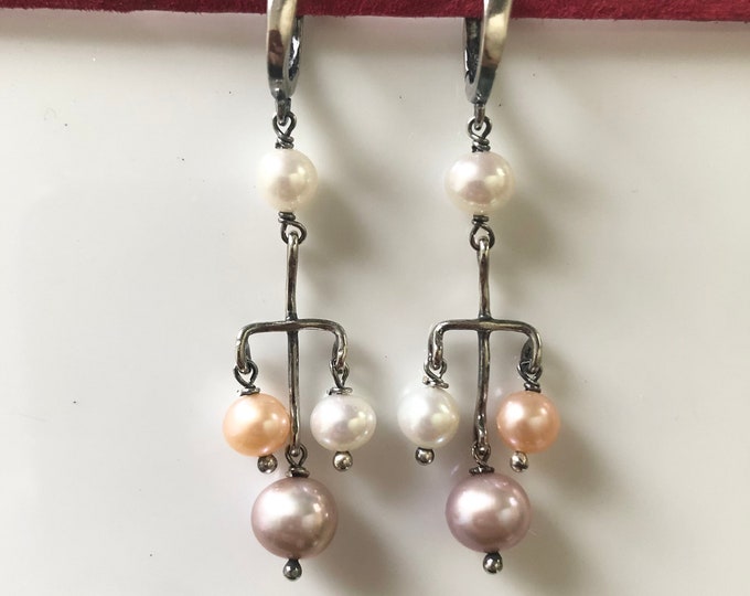 Pearl Earrings, Unique Earrings, Long Sterling Silver Earrings, Colorful Earrings, Pearl Earrings with Sterling Silver,Gift for Her, Boho