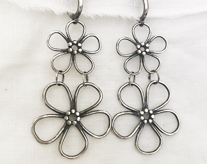 Handcrafted Sterling Silver Flower Earrings: Large Boho Statement Jewelry, Large