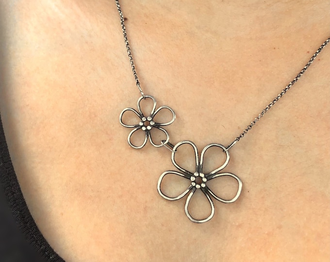 Silver Flower Necklace, Statement Flower Necklace for Women,Unique Sterling Silver Necklace, Mother Daughter Necklace,Adjustable Chain, Gift