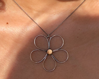 Large Sterling Silver Flower Necklace, Solid 14k Gold Center, Boho Style Necklace for Women with Flower Pendant, Silver with Yellow Gold