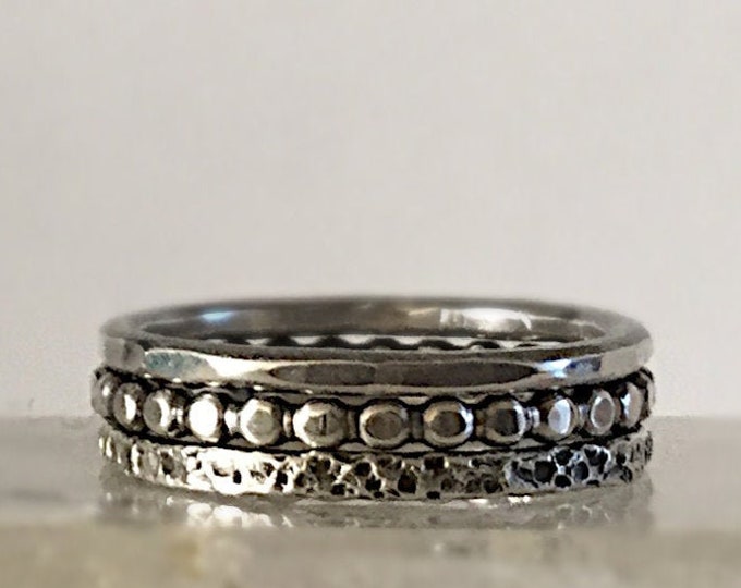 Handcrafted Sterling Silver Stacking Ring Set with 3 Textures, 2.2mm, All Sizes