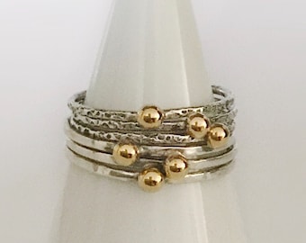 Handcrafted Stacking Ring Set of 3 with Solid 14k Gold Pebble, All Sizes