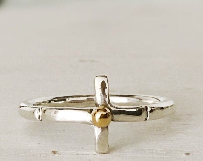 Cross Ring,Band with 14Karat Gold Pebble, All Sizes,  Sideways Cross Ring, Mixed Metal Ring Band, Unique Cross, Gift for Her, Boho Ring,Gift