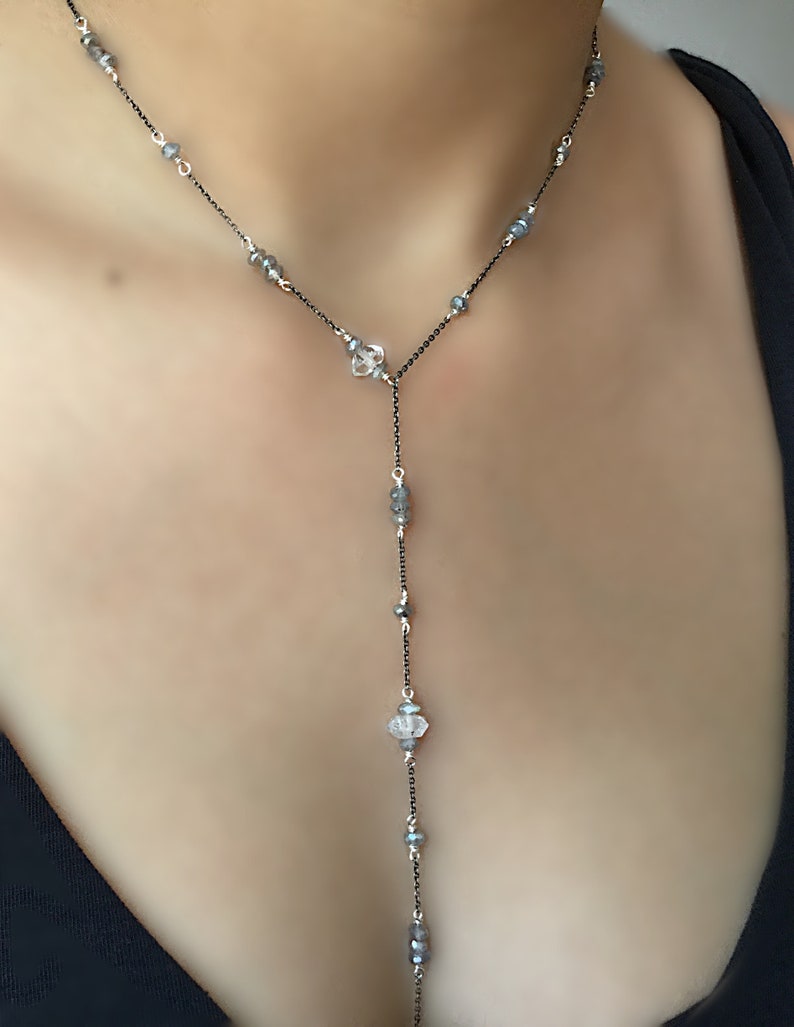 Sterling Silver Y-Necklace With Herkimer Diamonds and Labradorite