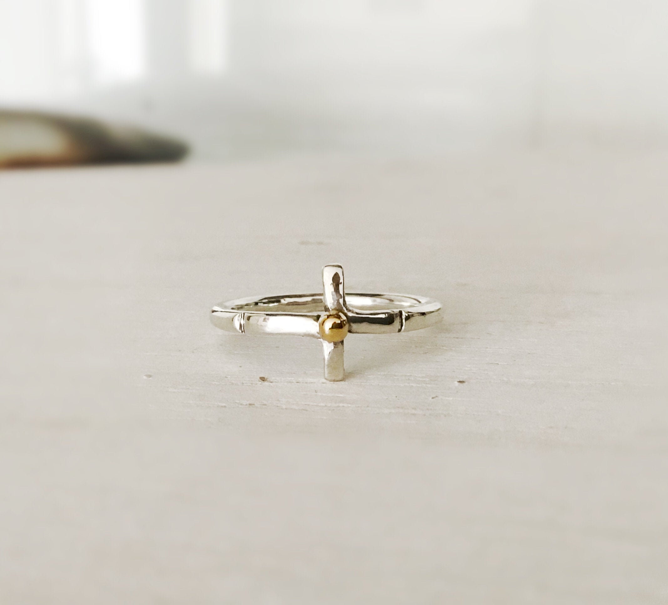 Handcrafted Sterling Silver Cross Ring Band with 14Karat Gold
