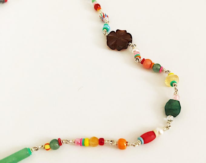 Colorful Beaded Necklace, Boho Style Necklace, Sterling Silver Necklace with Beads, Jewelry Gift for Women, Wire Wrapped Necklace, Colors