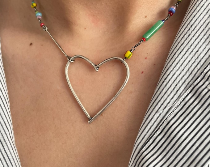Sterling Silver Heart Necklace: Colorful Beads, Handmade Pendant