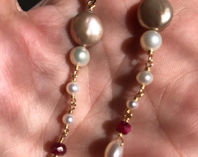 Handmade Long Gold Filled Pearl Earrings with Ruby Accent