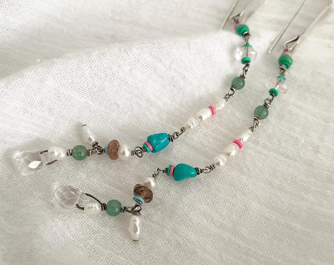 Long Handmade Sterling Silver Dangle Earrings with Pearls, Green Gemstones, Beaded Jewelry