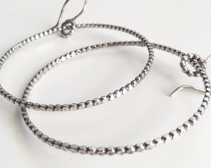 Large Handcrafted Sterling Silver Hoop Earrings with Beaded Wire 2.2mm, Big Hoops, Handmade Jewelry, Gift for Her, Boho Silver Earrings,