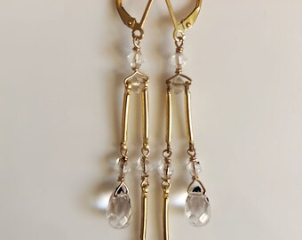 Lange Gold Filled Kristall Quarz Ohrringe: Boho Festlicher Schmuck
