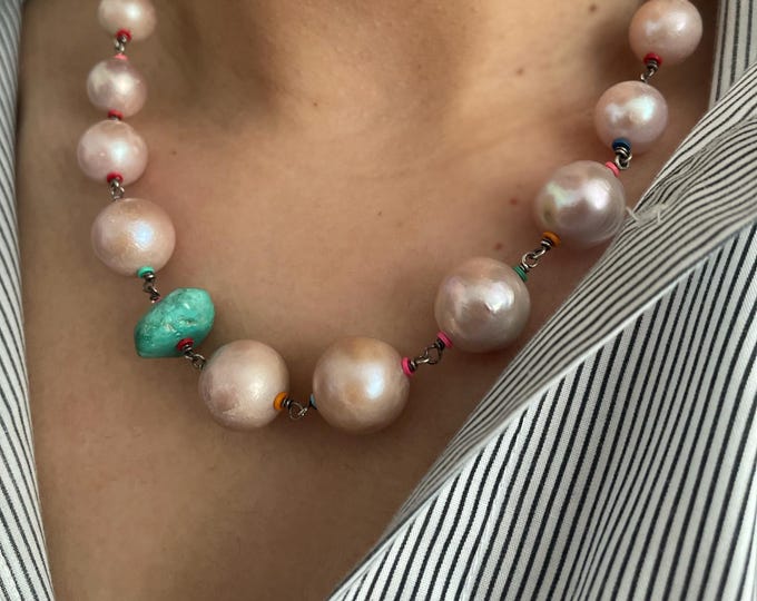 Graduated Pink Pearl Necklace with Turquoise Nugget, Sterling Silver S-Clasp, Vintage Pearls