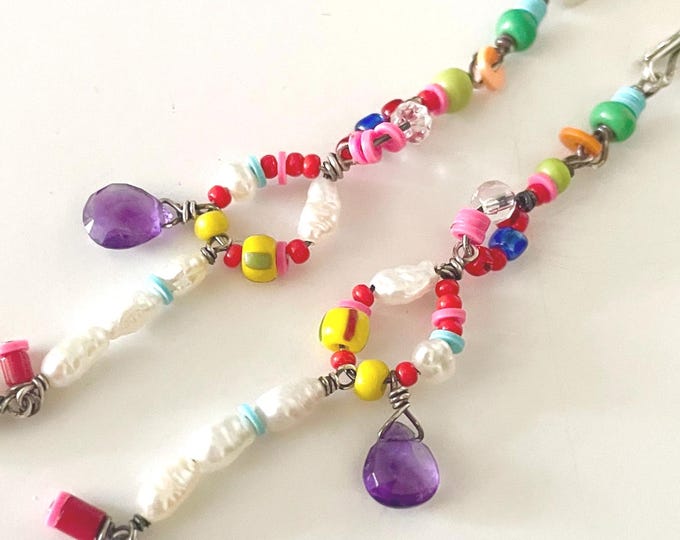 Handmade Sterling Silver Beaded Earrings with Pearls, Long Dangle Boho Jewelry