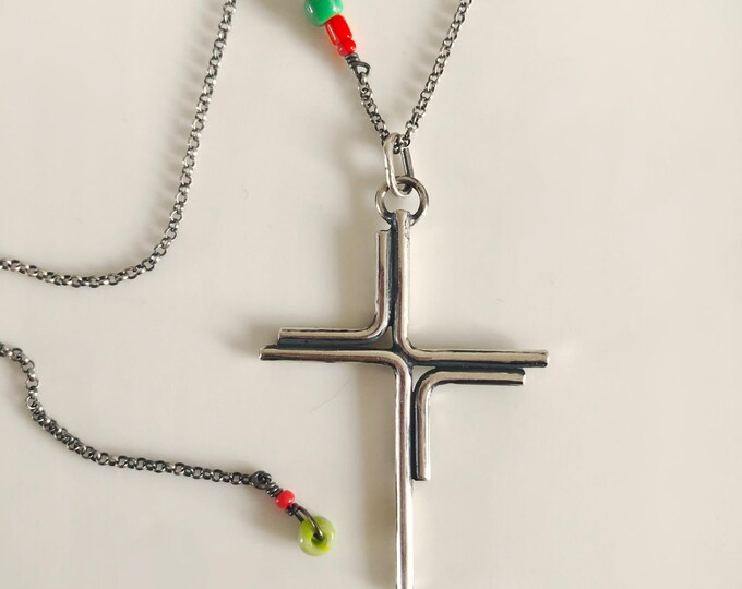 Cross Necklace in Sterling Silver, Handmade Silver Cross on Sterling Silver Chain, Unique Handmade Cross Pendant, Boho Style Cross Necklace