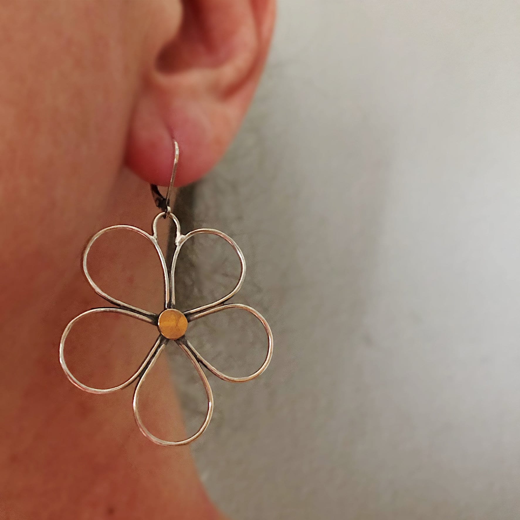 Large Sterling Silver Flower Earrings with 14k Yellow Gold Center for  Women, On Lever Back Ear Wire, Boho Style