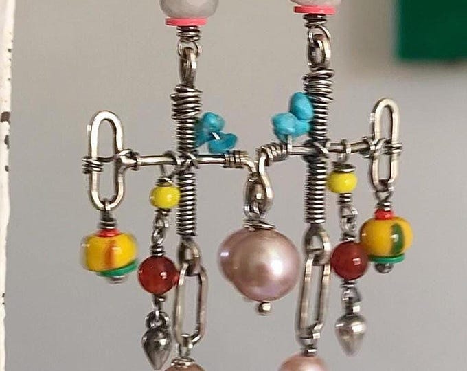 Unique Chandelier Earrings: Turquoise, Pearl, Carnelian