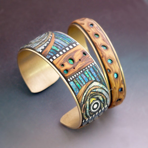 2 Iridescent Mosaic and Faux Wood Brass Cuff Bracelets