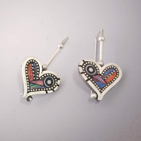 Silver Dangle Heart Valentine Earrings with polymer Iridescent mosaic inlay