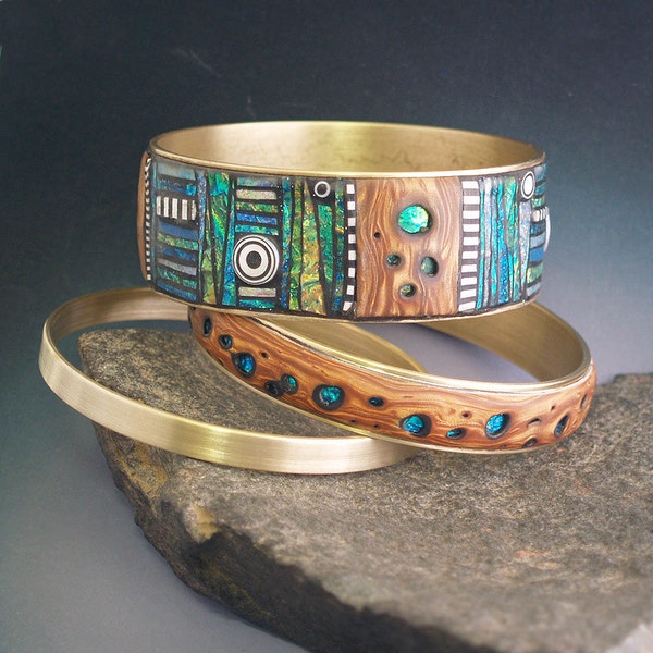 2 Iridescent Mosaic Brass Bangle Bracelets