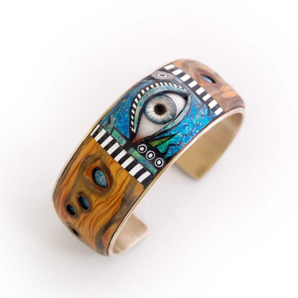 Tribal Eye Cuff with Iridescent Mosaic and Faux Wood Brass Bracelet