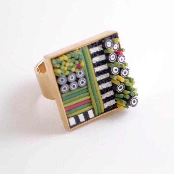 Adjustable Brass Ring Mosaic Polymer in greens, yellows and pinks