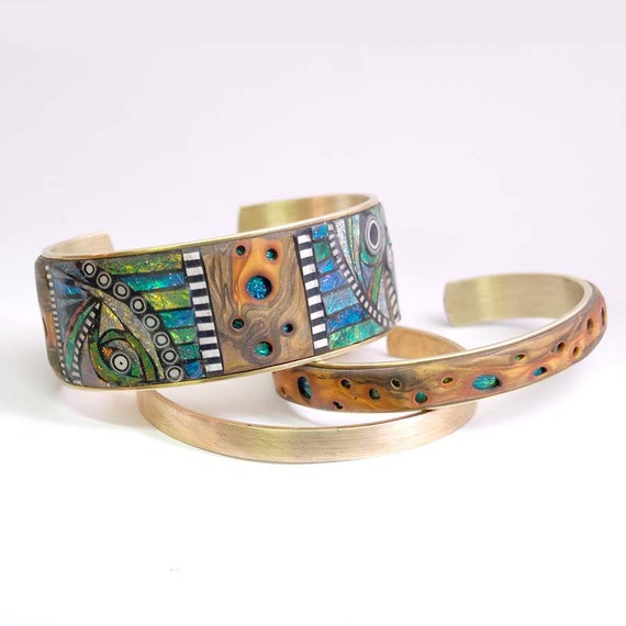 Items similar to 2 Iridescent Mosaic Inlay Polymer Clay Faux Wood Brass Cuff Bracelets with