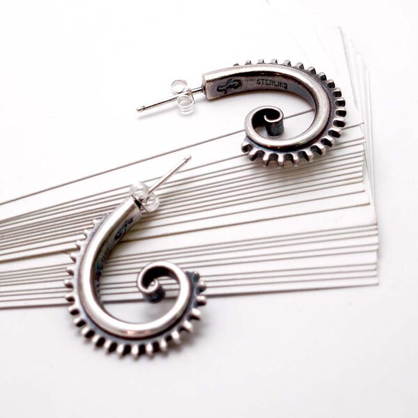 Sterling Silver Twirl Gear Hoop Post Earrings