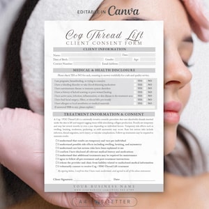 Editable PDO Cog Thread Lift Treatment Injectable Professional Consent Form Waiver Liability Printable Medspa Face Crow's Eye Wrinkles