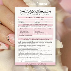 May include: A pink and white Nail Gel Extension Client Consent Form. The form includes sections for client information, medical history, and treatment consent. The form is on A4 size paper.