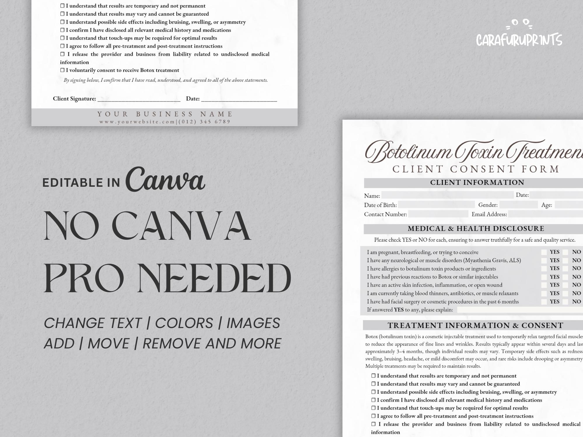 Editable Botox Consent Form Liability Waiver Professional Botulinum ...