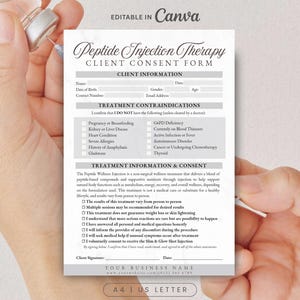 May include: A white and gray Peptide Injection Therapy Client Consent Form, with text including "Client Information" and "Treatment Contraindications." The form is held in a person's hand, with a syringe visible.
