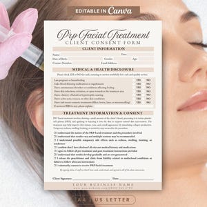 Editable PRP Facial Consent Form Vampire Facial Treatment Waiver Template Platelet Rich Plasma Client Intake Med Spa Aesthetic Canva Form
