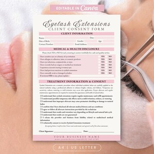 Editable Eyelash Extensions Client Intake Consent Form Professional Eyelash Technician Lash Lift Waiver Liability Template Canva