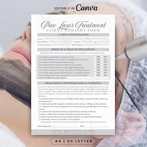 May include: A client consent form for Pico Laser Treatment, featuring a detailed layout with sections for client information, medical disclosure, and treatment information. The form is designed for professional use, with a clean, organized structure.