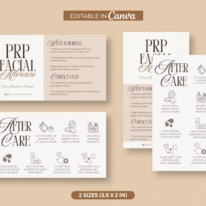 May include: Two beige and brown PRP Facial Aftercare cards with text and icons. The cards provide aftercare instructions, including what is normal, contact information, and care tips. The cards are labeled "2 SIZES (3.5 X 2 IN)".
