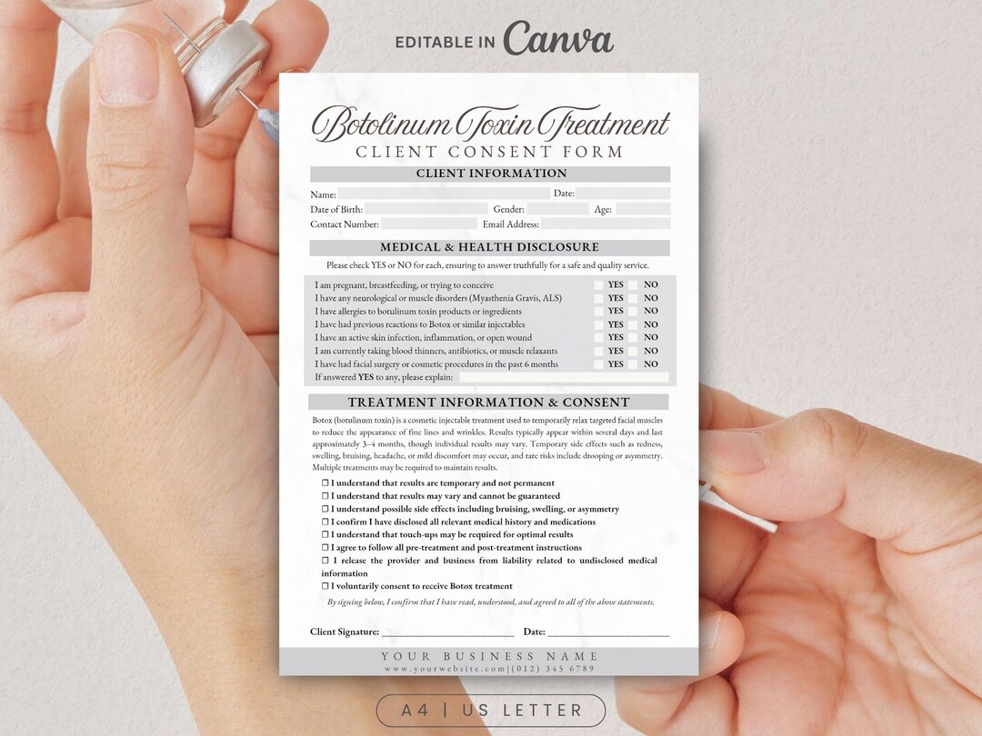 Botox Authorization Editable Botox Consent Form Liability Waiver Professional Botulinum ...