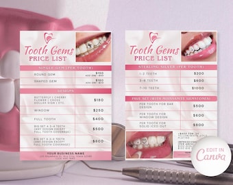 May include: Two pink and white price lists for tooth gems. The lists detail prices for single gems, designs, and sterling silver options. Images of gemmed teeth are included. The text "Edit in Canva" is also visible.