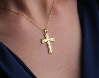 14K Gold Crucifix Necklace, Gold Cross Necklace For Women, Classic Crucifix Pendant, Guardian Angel Religious Jewelry, Mothers Day Gifts