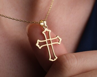 14K Gold Cross Necklace, Diamond Crucifix Necklace, Gold Christian Pendant, Unisex Handmade Jewelry, Religious Gifts, Mothers Day Gifts