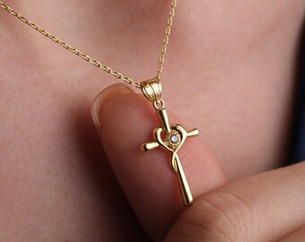 Gold Diamond Heart Cross Necklace, Religion Love Necklace, Handmade Gold Jewelry For Her, Crucifix Women Necklace, Mothers Day Gifts For Mom