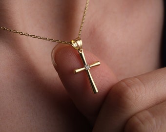 14K Gold Christian Cross Necklace, Gold Crucifix Necklace, Religious Women Jewelry, Minimalist Diamond Necklace, Mothers Day Gifts For Her