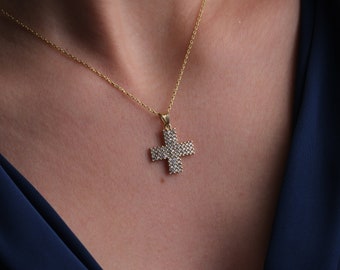 14K Gold Tiny Crucifix Necklace, Diamond Cross Necklace, Classic Crucifix Pendant, Guardian Angel Jewelry For Her, Mothers Day Gifts For Mom