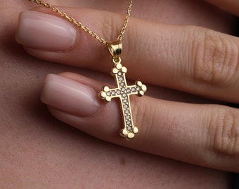 Christian Cross Necklace, Diamond Crucifix Necklace, Handmade Gold Jewelry, Cross Charm Necklace, Grandma Gifts, Mothers Day Gifts For Her