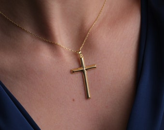 Gold Crucifix Necklace, 14K Gold Cross Pendant, Jesus Christ Jewelry, Minimalist Handmade Necklace, Baptism Gifts, Mothers Day Gift For Her