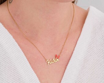 Name Necklace With Butterfly, Personalized Dainty Name Necklace, Gold Custom Name Necklace, Enamel Butterfly Necklace, Mother's Day Gifts