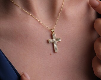 14K Gold Cross Necklace, Shiny Crucifix Necklace, Unique Christian Cross Pendant, Religious Women Jewelry, Mothers Day Gifts For Grandma