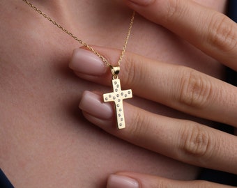 14K Gold Elegant Cross Necklace, Tiny Crucifix Necklace, Gold Religion Jewelry, Dainty Handmade Necklace, Christian Gifts, Mothers Day Gifts